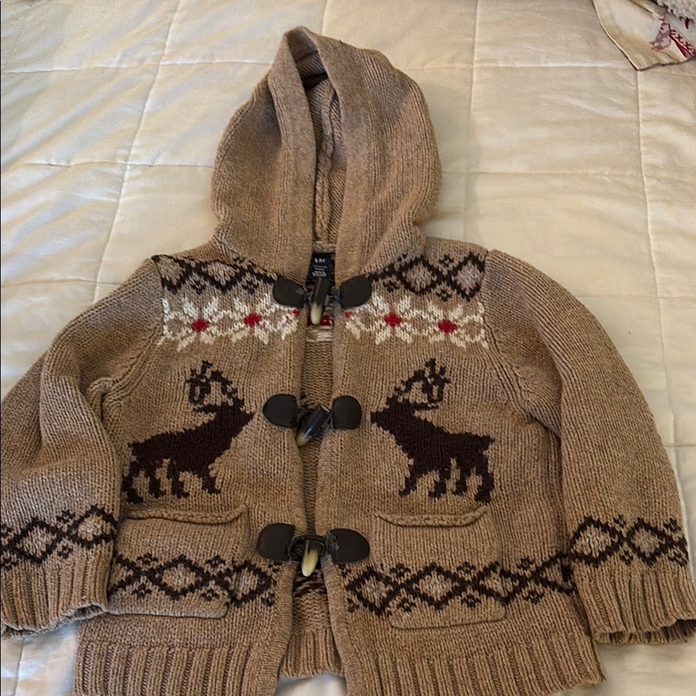 Kids Brown Hooded Sweater with Reindeer Design